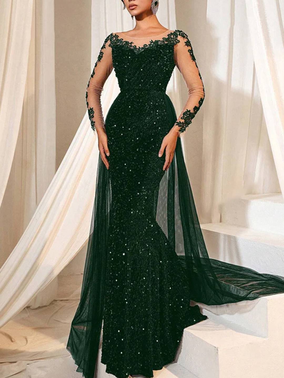 Cocolii longue robe de soirée femme dentelle sirène brillante paillette avec sur-jupe en tulle manches longues cérémonie