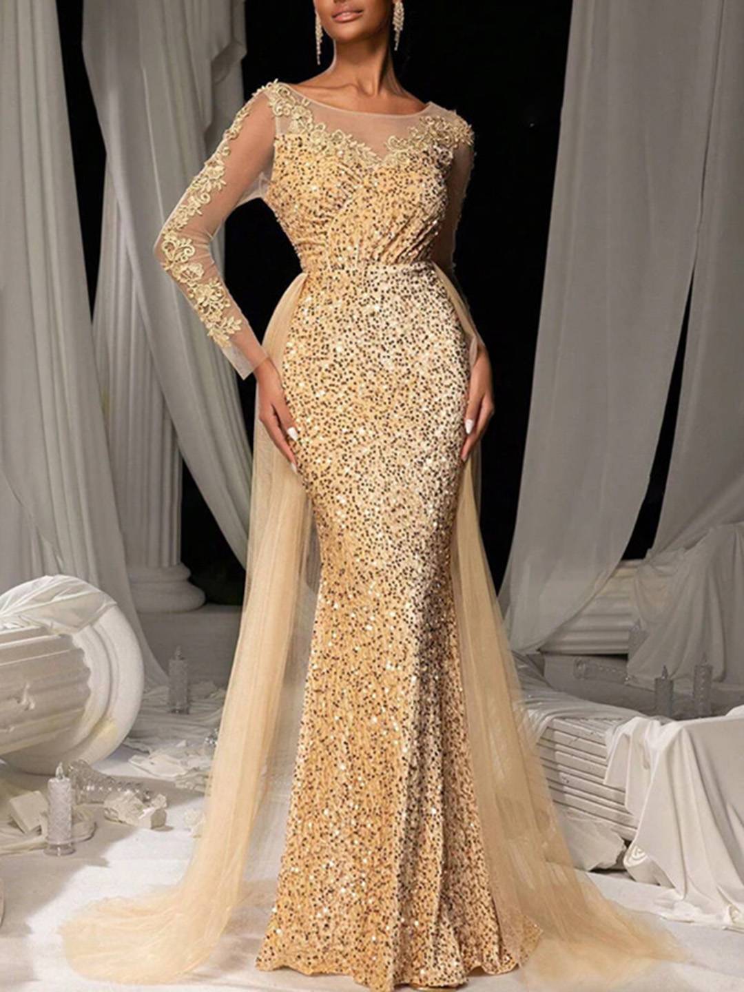 Cocolii longue robe de soirée femme dentelle sirène brillante paillette avec sur-jupe en tulle manches longues cérémonie