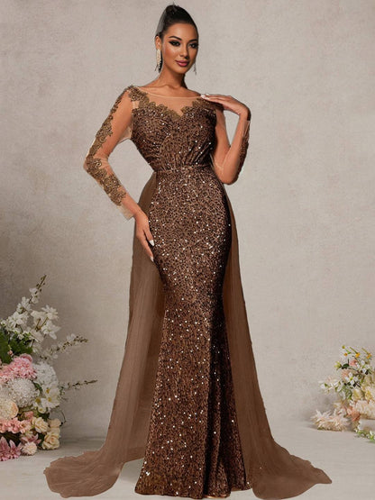 Cocolii longue robe de soirée femme dentelle sirène brillante paillette avec sur-jupe en tulle manches longues cérémonie