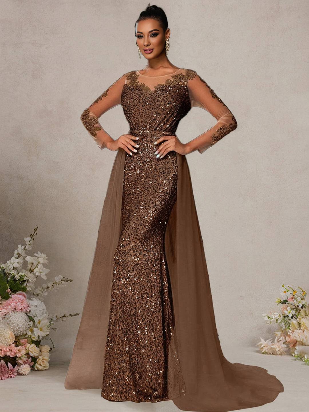 Cocolii longue robe de soirée femme dentelle sirène brillante paillette avec sur-jupe en tulle manches longues cérémonie