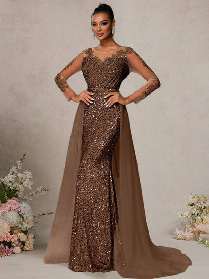 Cocolii longue robe de soirée femme dentelle sirène brillante paillette avec sur-jupe en tulle manches longues cérémonie