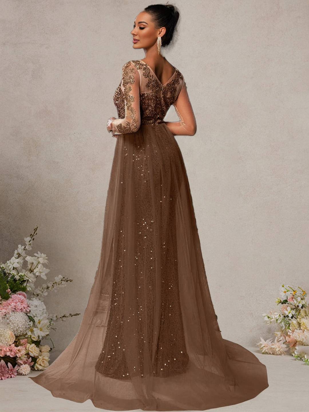 Cocolii longue robe de soirée femme dentelle sirène brillante paillette avec sur-jupe en tulle manches longues cérémonie