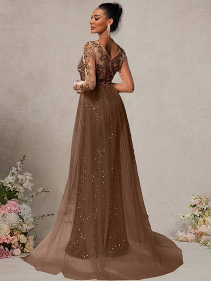 Cocolii longue robe de soirée femme dentelle sirène brillante paillette avec sur-jupe en tulle manches longues cérémonie