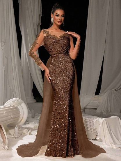 Cocolii longue robe de soirée femme dentelle sirène brillante paillette avec sur-jupe en tulle manches longues cérémonie