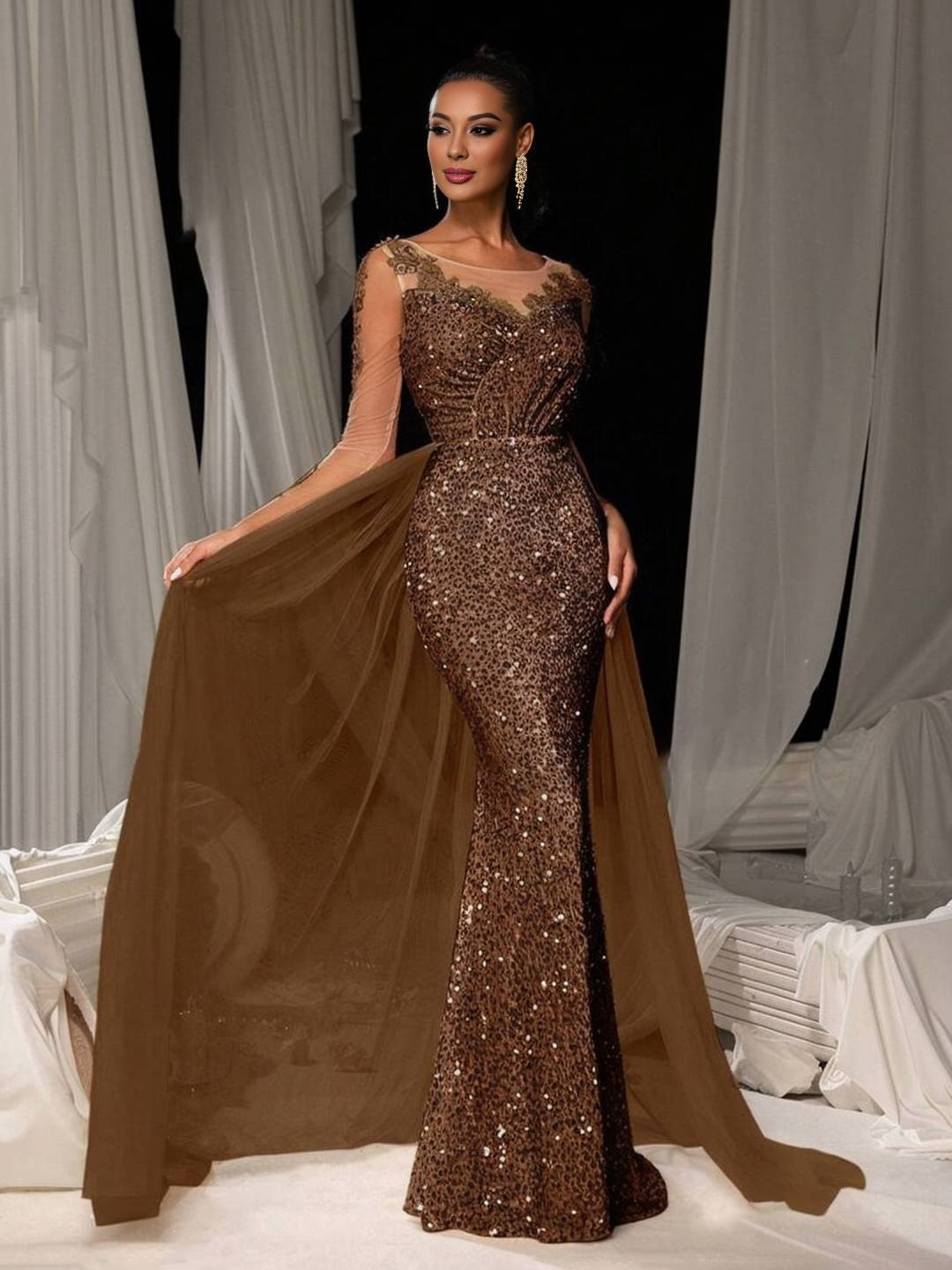 Cocolii longue robe de soirée femme dentelle sirène brillante paillette avec sur-jupe en tulle manches longues cérémonie