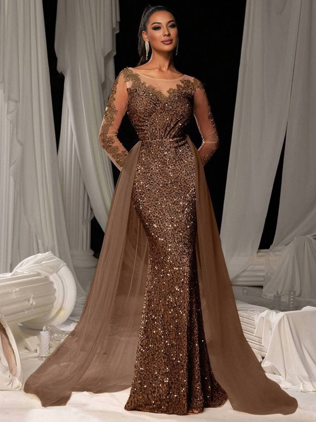 Cocolii longue robe de soirée femme dentelle sirène brillante paillette avec sur-jupe en tulle manches longues cérémonie