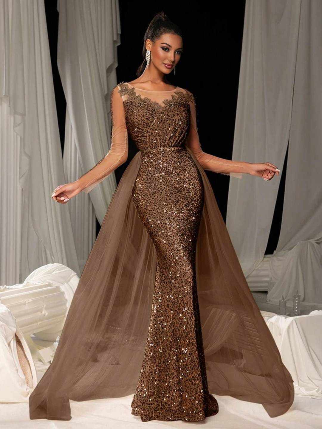 Cocolii longue robe de soirée femme dentelle sirène brillante paillette avec sur-jupe en tulle manches longues cérémonie