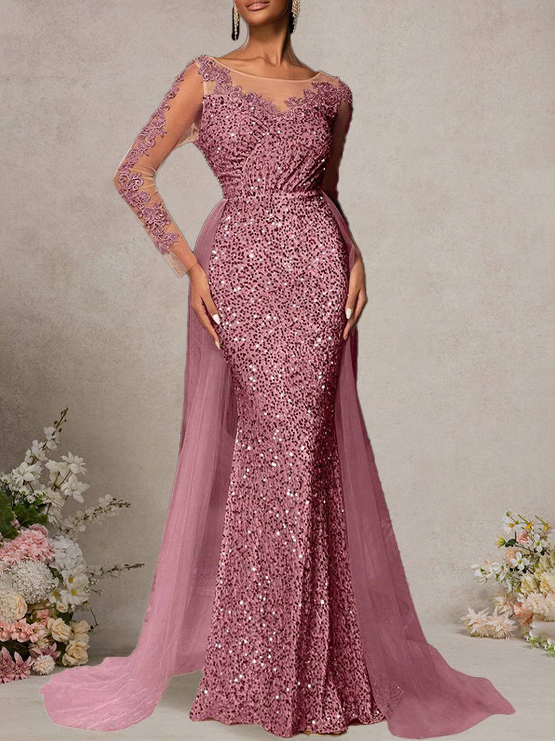 Cocolii longue robe de soirée femme dentelle sirène brillante paillette avec sur-jupe en tulle manches longues cérémonie