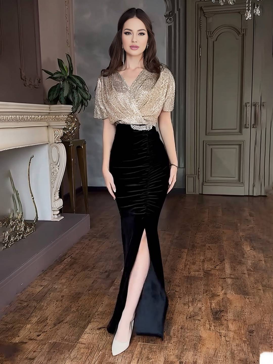 Cocolii longue robe de soirée femme brillante paillette v-cou manches courtes et jupe velours moulante élégant cérémonie