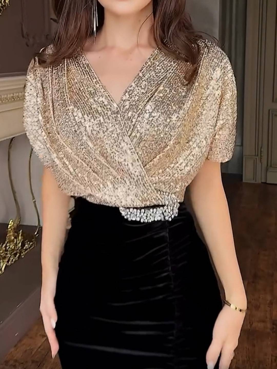 Cocolii longue robe de soirée femme brillante paillette v-cou manches courtes et jupe velours moulante élégant cérémonie