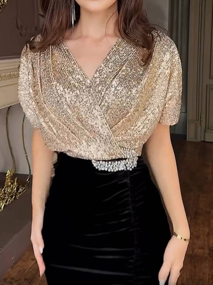 Cocolii longue robe de soirée femme brillante paillette v-cou manches courtes et jupe velours moulante élégant cérémonie