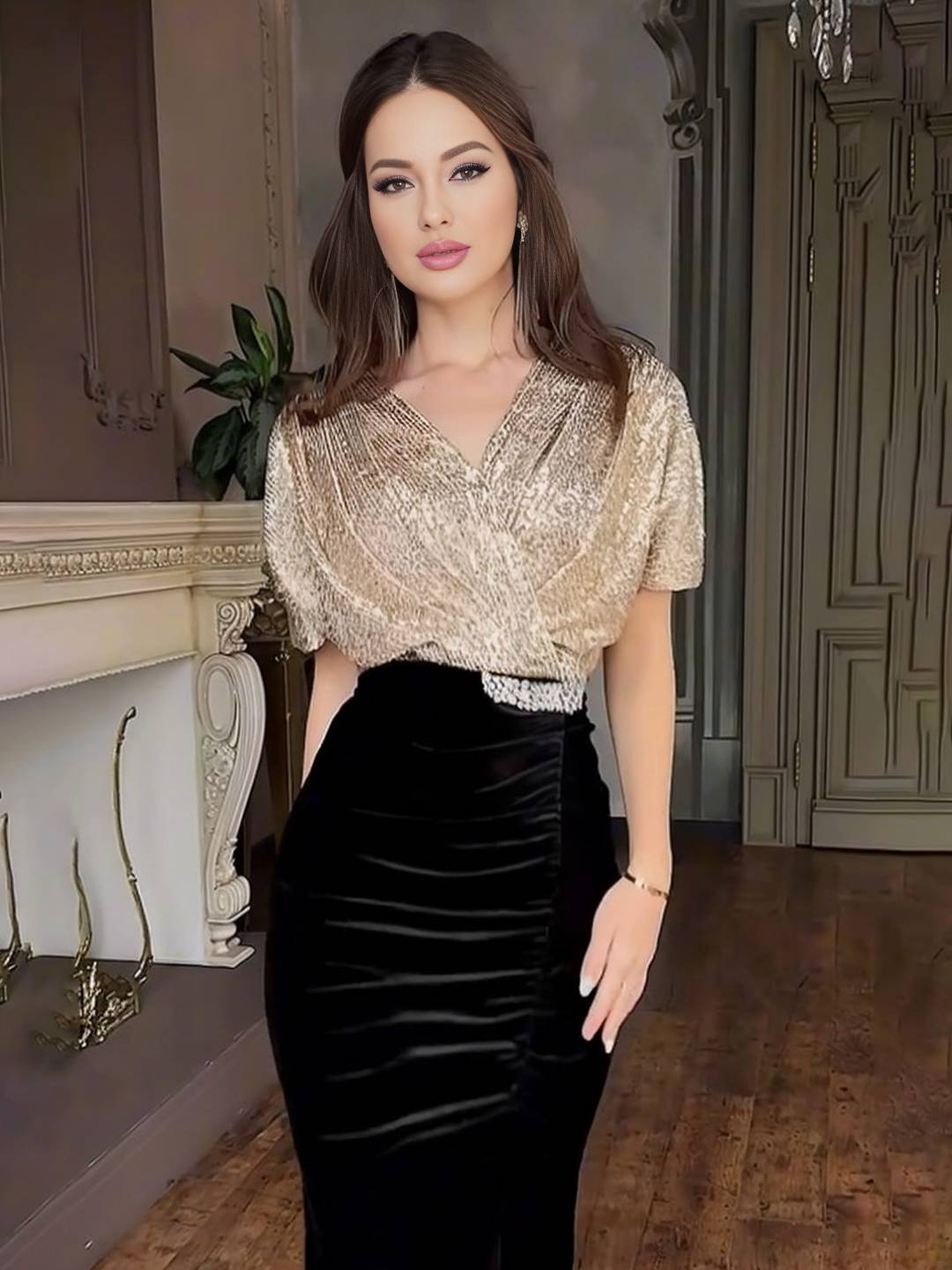 Cocolii longue robe de soirée femme brillante paillette v-cou manches courtes et jupe velours moulante élégant cérémonie