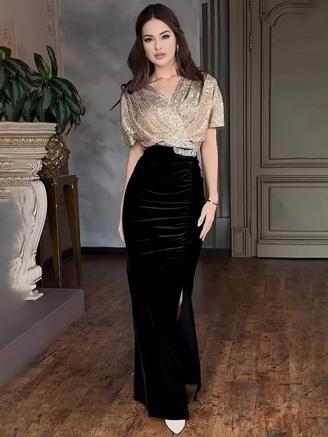 Cocolii longue robe de soirée femme brillante paillette v-cou manches courtes et jupe velours moulante élégant cérémonie