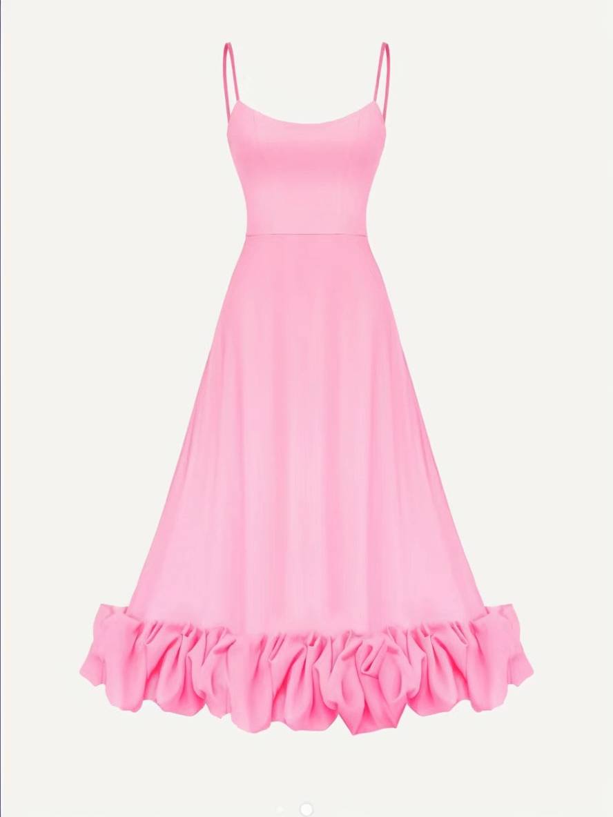 Cocolii mi-longue robe trapèze à volantée bustier à fines brides sans manches femme élégant doux de cocktail bal de promo