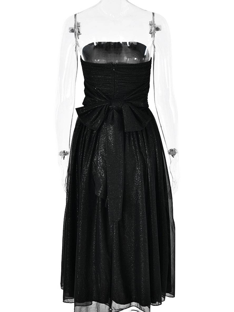 Cocolii mi-longue robe trapèze bouffante tutu tulle noeud papillon bustier dos nu sans manches femme élégant de soirée cocktail