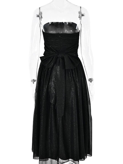 Cocolii mi-longue robe trapèze bouffante tutu tulle noeud papillon bustier dos nu sans manches femme élégant de soirée cocktail