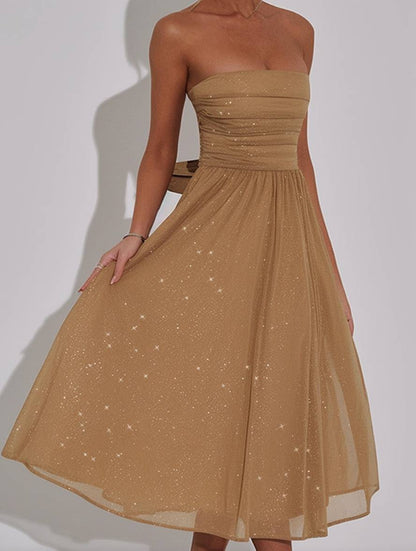 Cocolii mi-longue robe trapèze bouffante tutu tulle noeud papillon bustier dos nu sans manches femme élégant de soirée cocktail