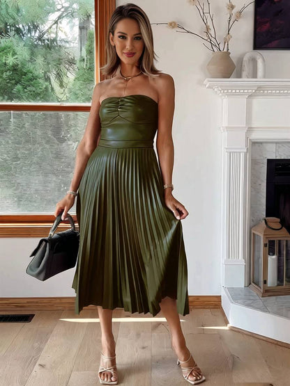 Cocolii mi-longue robe en simili cuir plissé bustier dos nu sans manches femme élégant décontracté de cocktail