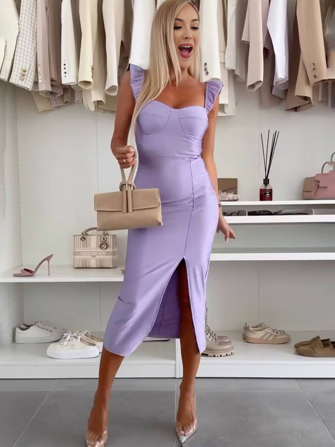 Cocolii mi-longue robe moulante fendu le côté dos nu bretelle sans manches femme doux élégant de cocktail