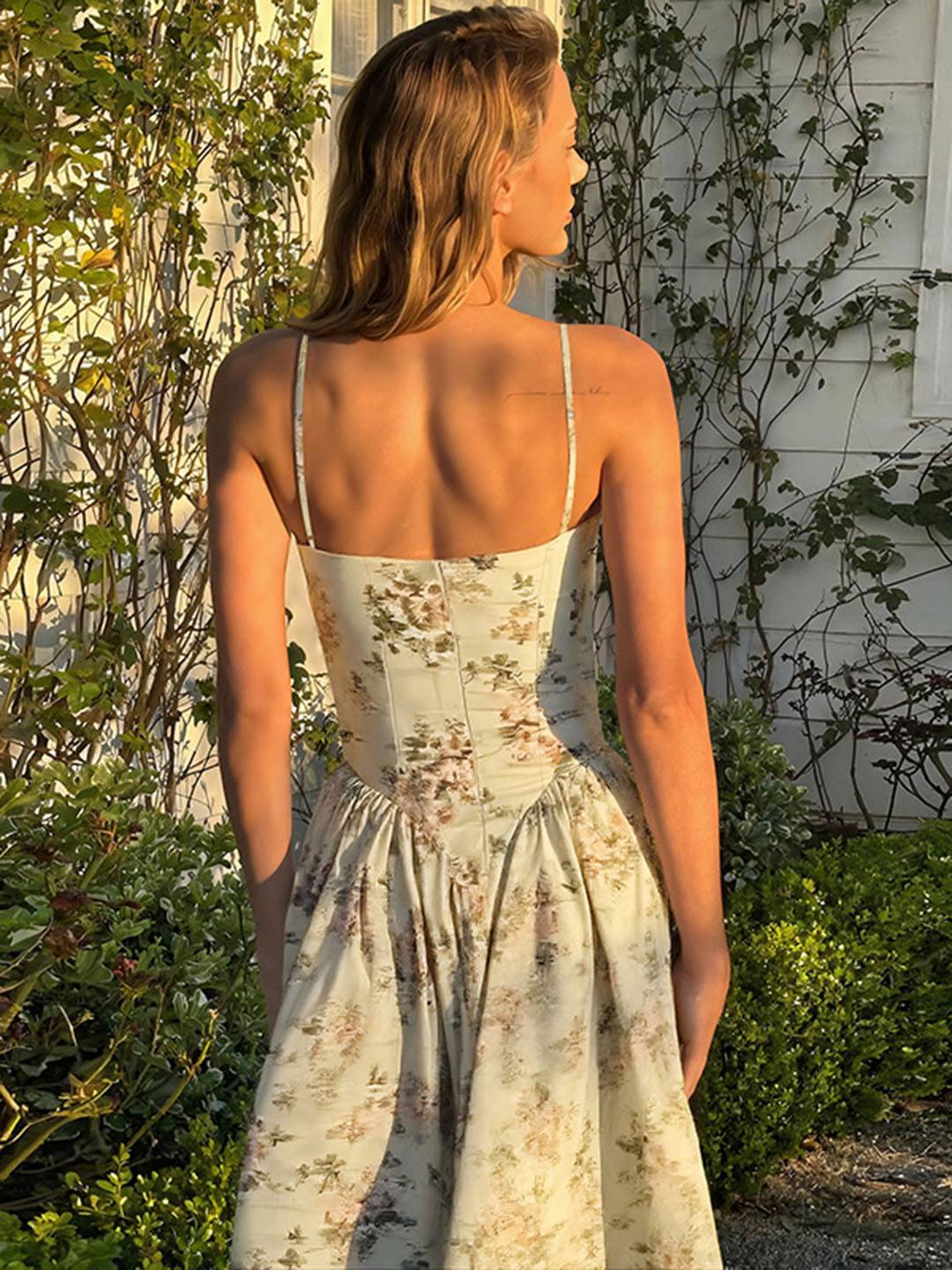 Cocolii robe longue trapèze imprimé à fleurie v-cou à fines brides dos nu sans manches doux vintage bal de promo anniversaire