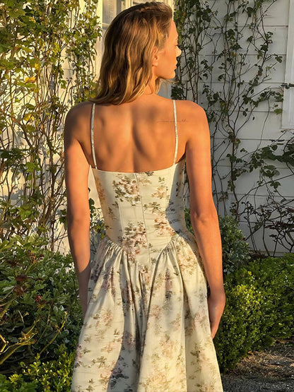 Cocolii robe longue trapèze imprimé à fleurie v-cou à fines brides dos nu sans manches doux vintage bal de promo anniversaire