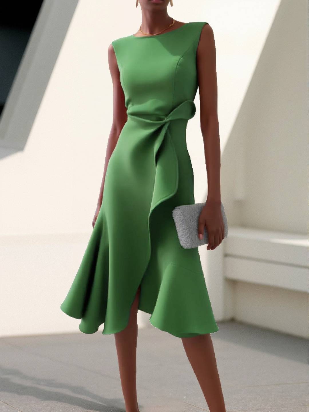 Cocolii mi-longue robe trapèze irrégulière à volantée nœud col rond sans manches femme élégant vintage bal de promo fete cérémonie