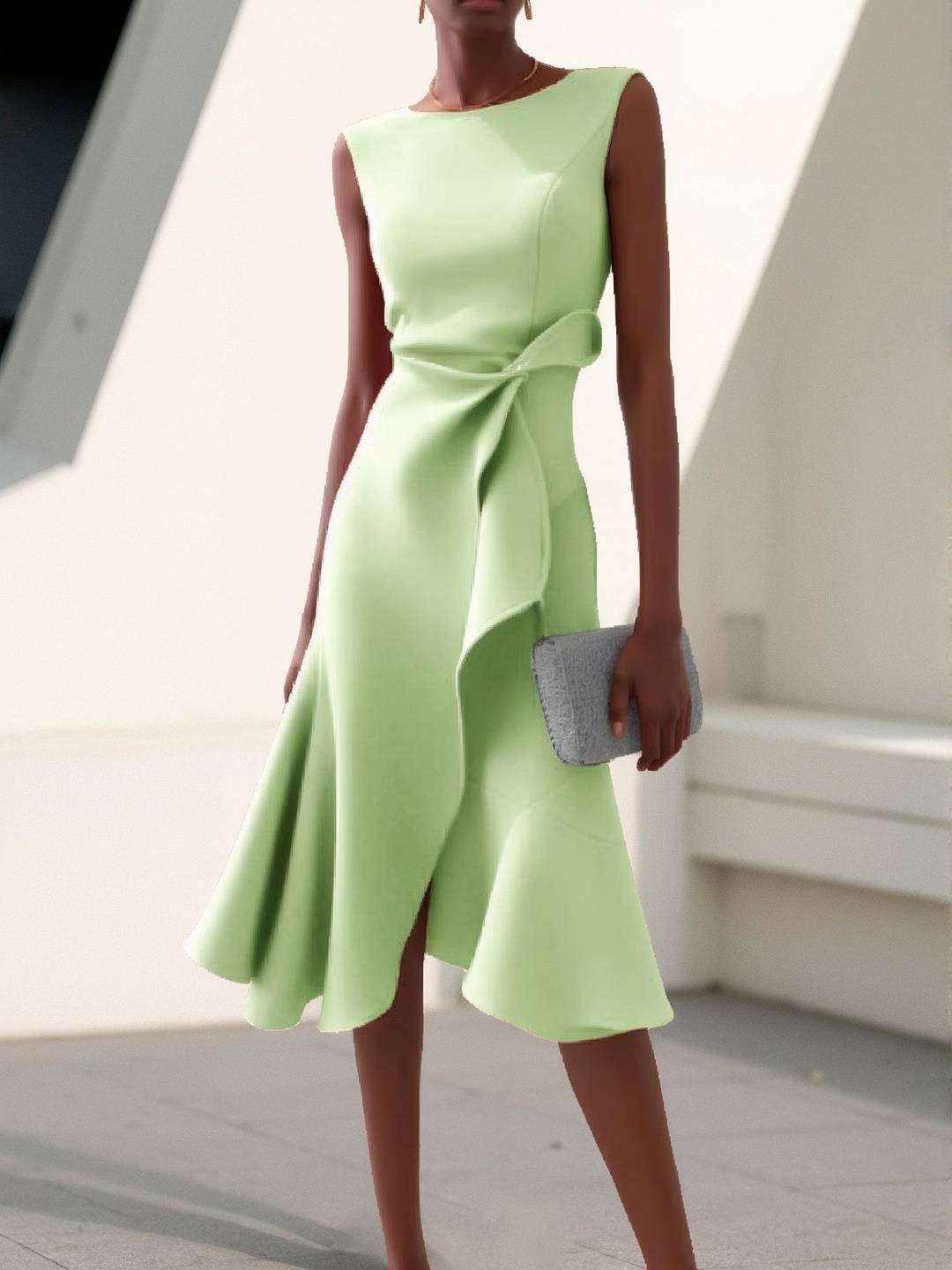 Cocolii mi-longue robe trapèze irrégulière à volantée nœud col rond sans manches femme élégant vintage bal de promo fete cérémonie