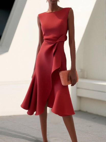 Cocolii mi-longue robe trapèze irrégulière à volantée nœud col rond sans manches femme élégant vintage bal de promo fete cérémonie