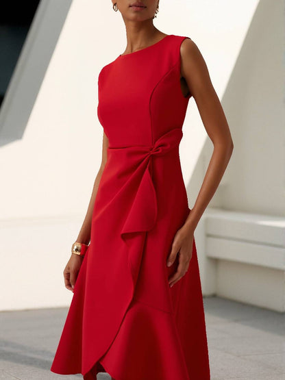 Cocolii mi-longue robe trapèze irrégulière à volantée nœud col rond sans manches femme élégant vintage bal de promo fete cérémonie