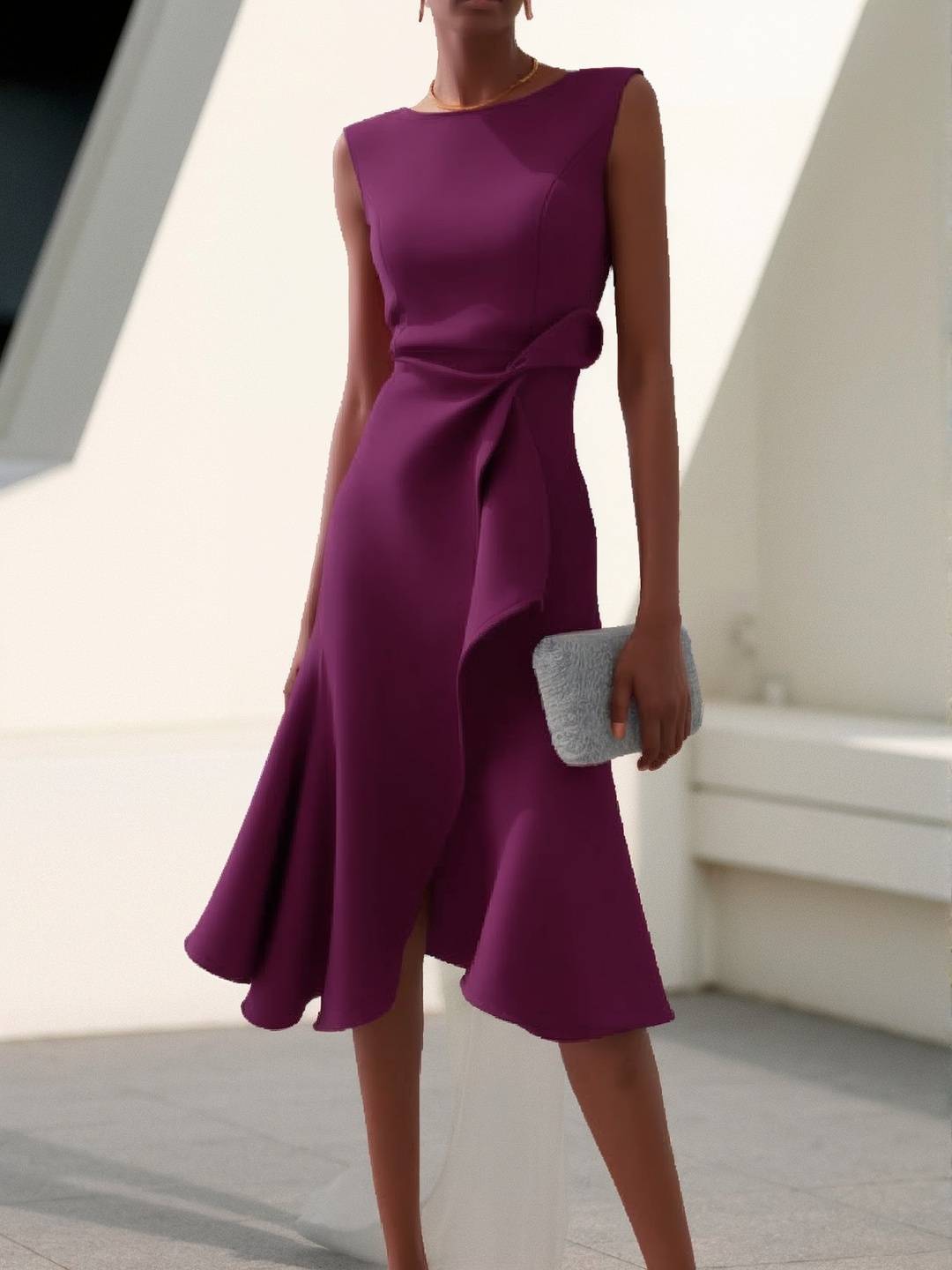 Cocolii mi-longue robe trapèze irrégulière à volantée nœud col rond sans manches femme élégant vintage bal de promo fete cérémonie