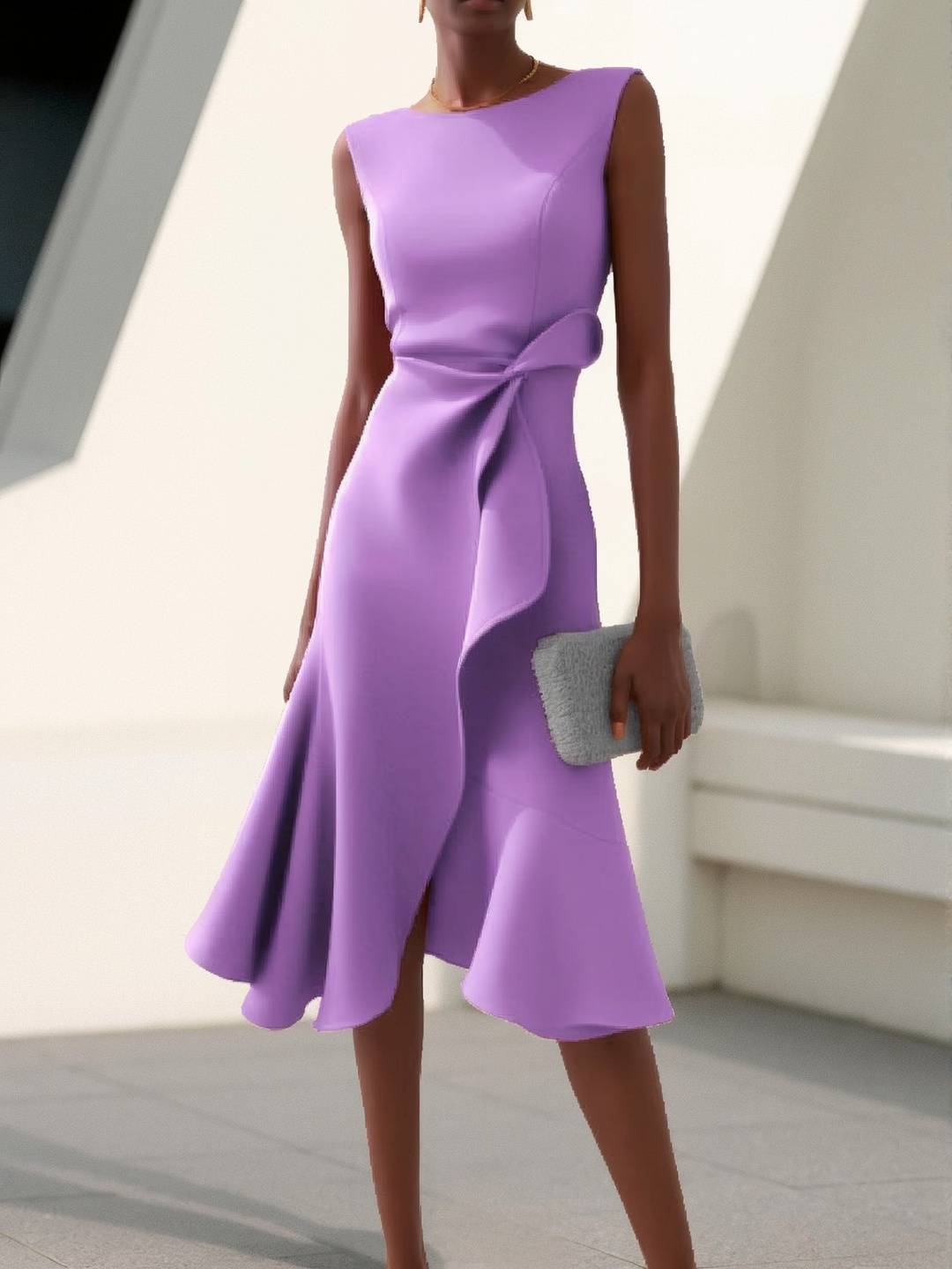 Cocolii mi-longue robe trapèze irrégulière à volantée nœud col rond sans manches femme élégant vintage bal de promo fete cérémonie