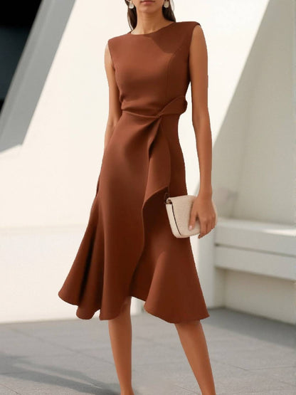 Cocolii mi-longue robe trapèze irrégulière à volantée nœud col rond sans manches femme élégant vintage bal de promo fete cérémonie