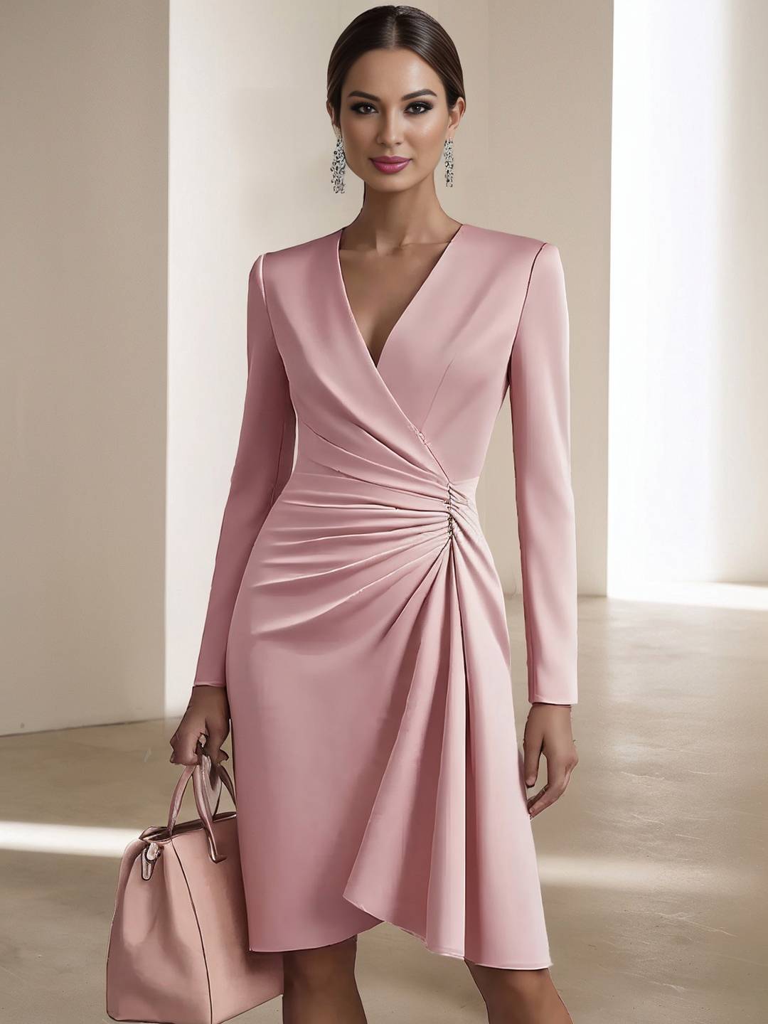 Cocolii mi-longue robe de cocktail femme v-cou cross fluide manches longues doux élégant bal de promo pour mariage