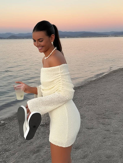 Cocolii robe courte col bateau dos nu manches longues femme élégant mode décontracté de cocktail