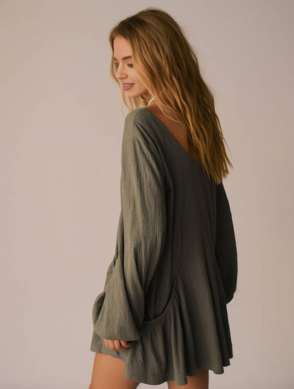 Cocolii robe courte unicolore à volantée poches femme casual élégant mode lâche décontracté