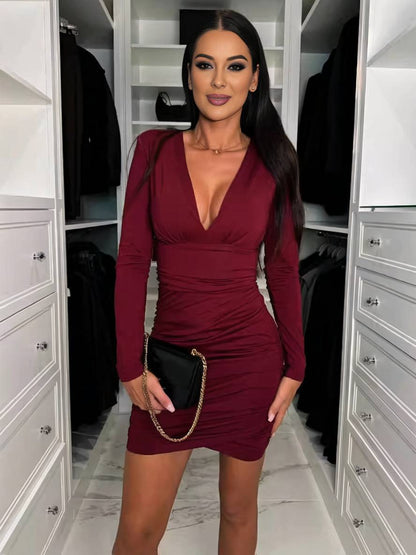 Cocolii robe courte moulante v-cou manches longues femme élégant décontracté bal de promo