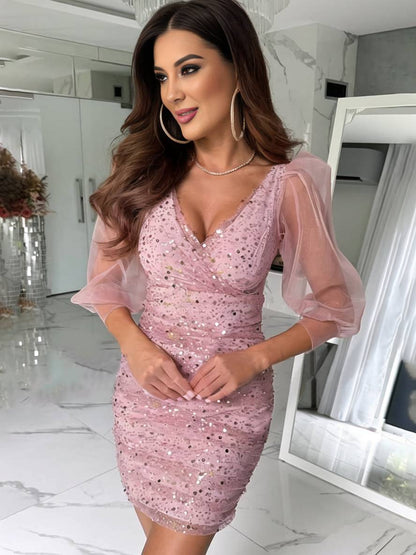 Cocolii robe courte moulante brillante paillette v-cou manches longues tulle femme élégant de cocktail bal de promo