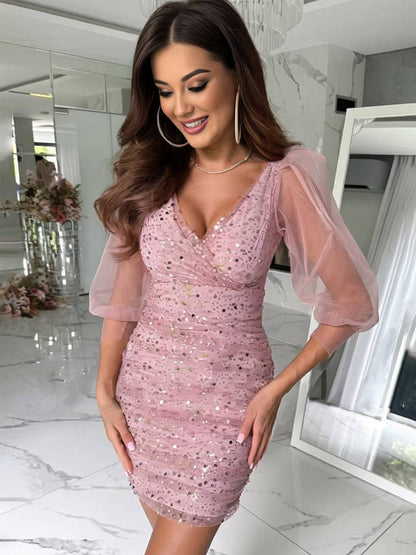 Cocolii robe courte moulante brillante paillette v-cou manches longues tulle femme élégant de cocktail bal de promo