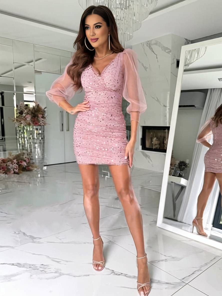 Cocolii robe courte moulante brillante paillette v-cou manches longues tulle femme élégant de cocktail bal de promo