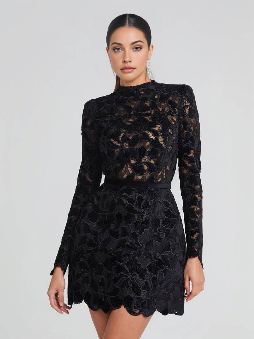 Cocolii robe courte trapèze en dentelle broderie anglaise col rond manches longues femme élégant de soirée de cocktail