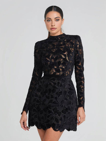 Cocolii robe courte trapèze en dentelle broderie anglaise col rond manches longues femme élégant de soirée de cocktail