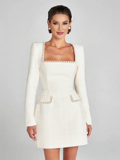 Cocolii robe courte tweed fendu poches manches longues femme vintage élégant de fete