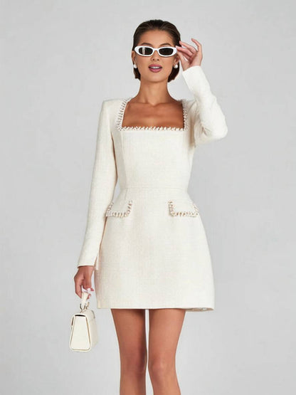 Cocolii robe courte tweed fendu poches manches longues femme vintage élégant de fete