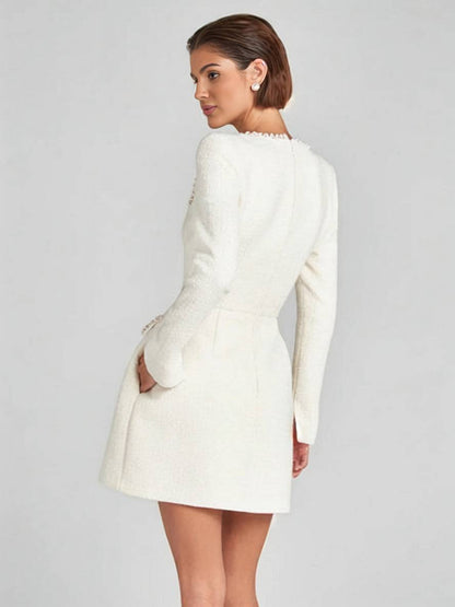 Cocolii robe courte tweed fendu poches manches longues femme vintage élégant de fete