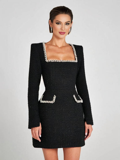 Cocolii robe courte tweed fendu poches manches longues femme vintage élégant de fete