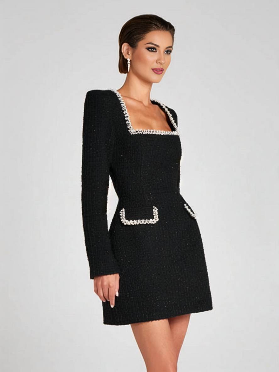 Cocolii robe courte tweed fendu poches manches longues femme vintage élégant de fete