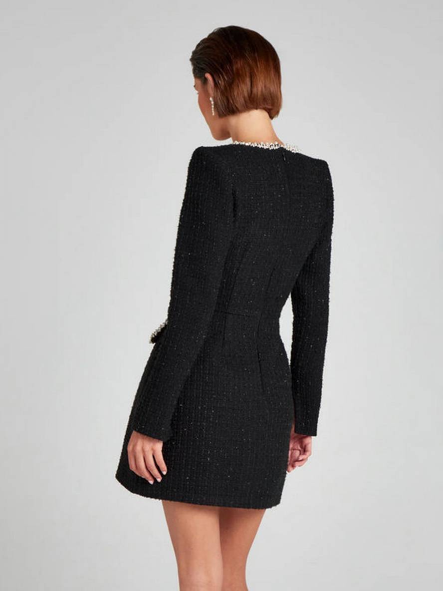 Cocolii robe courte tweed fendu poches manches longues femme vintage élégant de fete