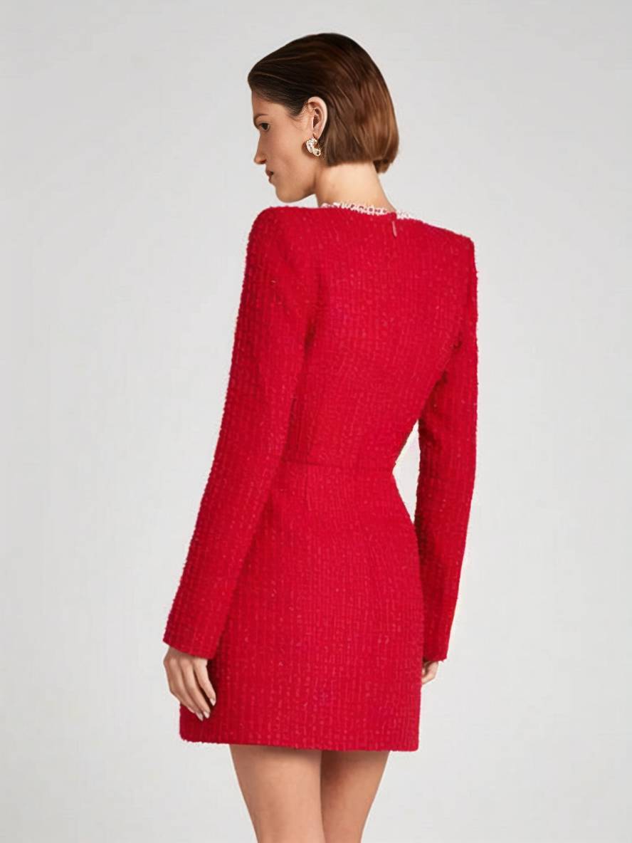 Cocolii robe courte tweed fendu poches manches longues femme vintage élégant de fete