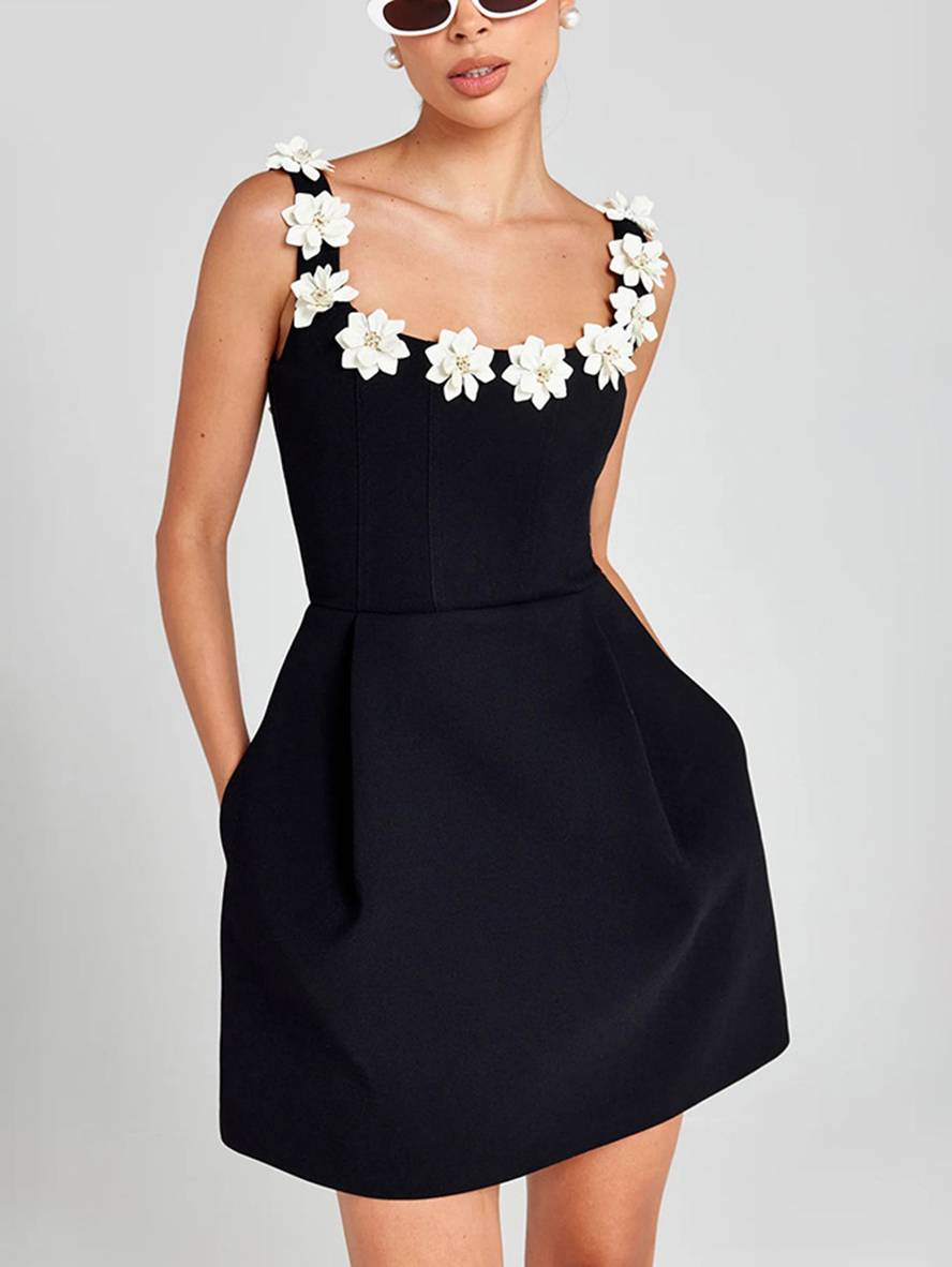 Cocolii robe patineuse trapèze fleurie appliques à fines brides col carré sans manches femme élégant bal de promo de cocktail