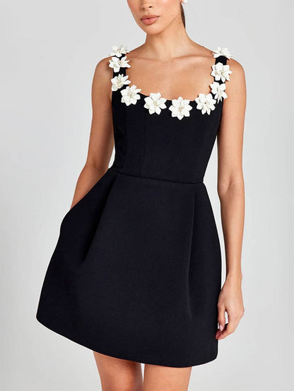 Cocolii robe patineuse trapèze fleurie appliques à fines brides col carré sans manches femme élégant bal de promo de cocktail